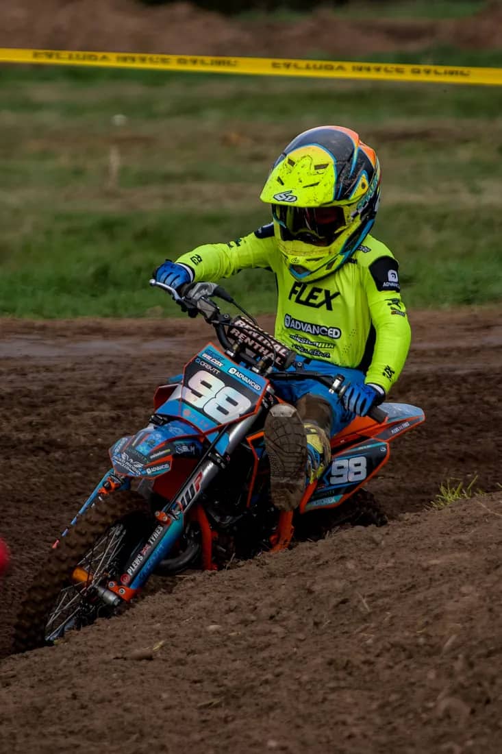 Henry Wilcox at race pace, cornering his #98 KTM