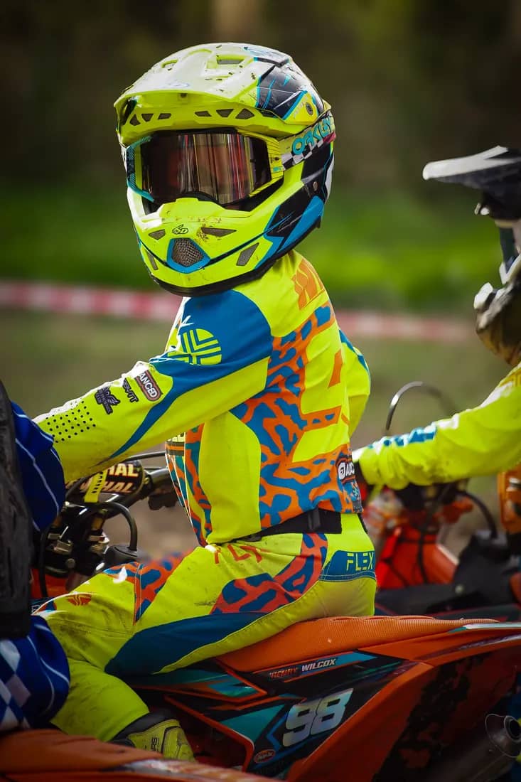 Henry Wilcox on the line in full race kit and 6D helmet